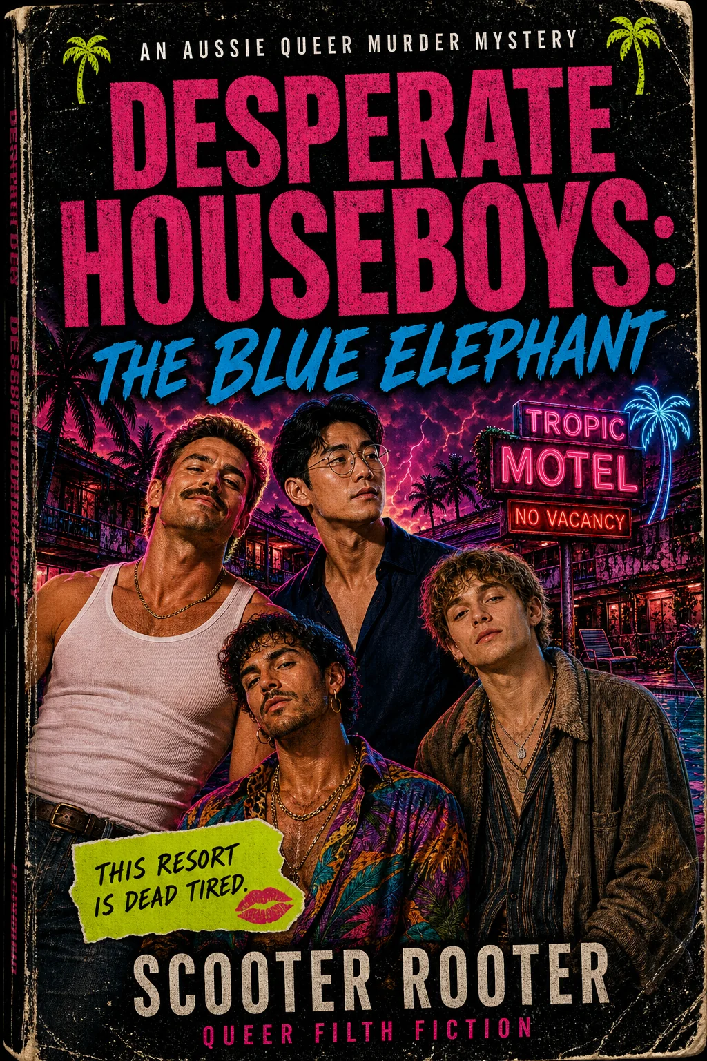 Cover mockup for Desperate Houseboys: The Blue Elephant featuring the four houseboys at a rotting neon tropical motel.