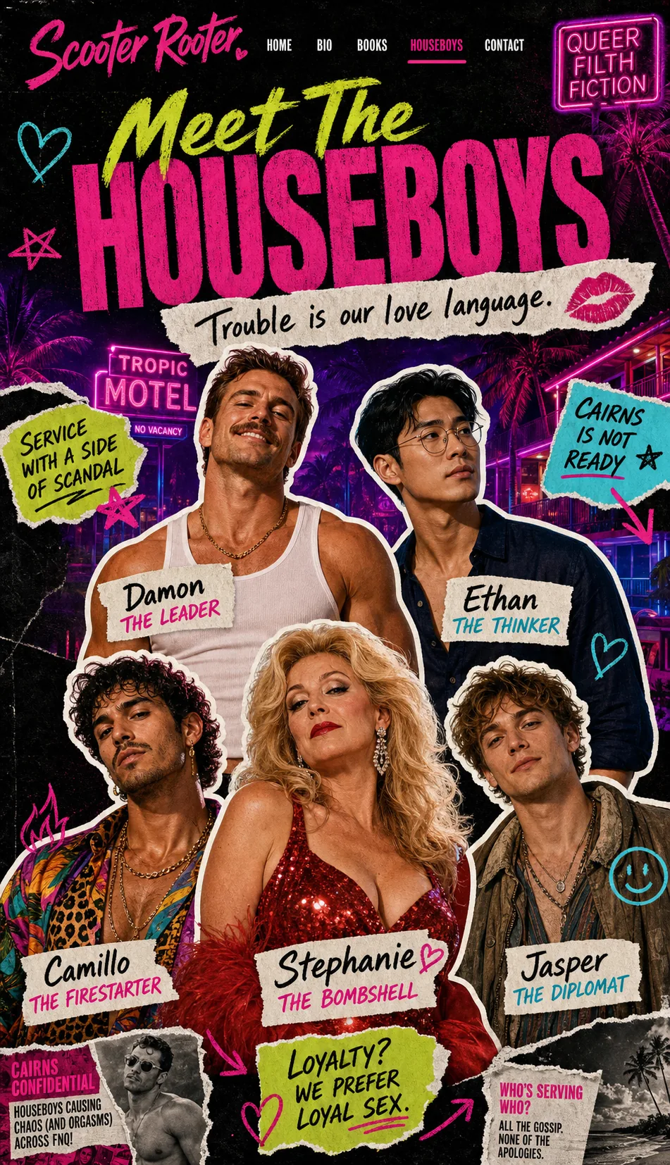 Meet the Houseboys cast poster featuring Damon, Ethan, Camillo, Jasper, and Stephanie.