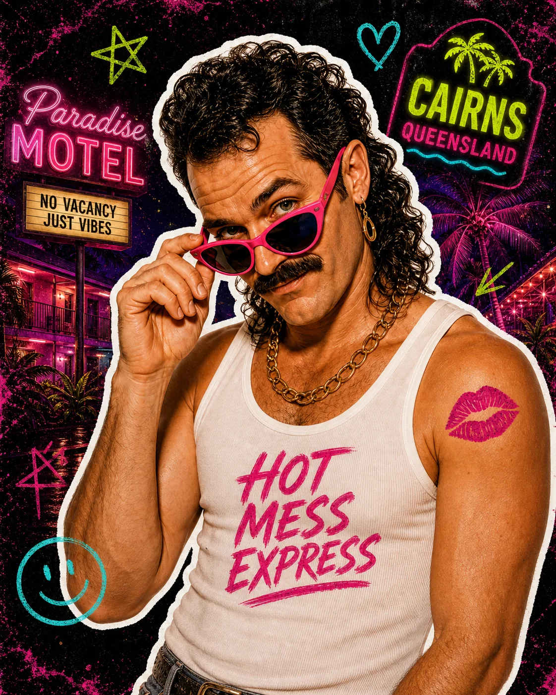 Scooter Rooter in hot pink sunglasses against a neon tropical motel backdrop.